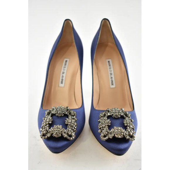 Manolo Blahnik Hangisi 105 Navy Blue Satin Crystal Jewel Buckle Heel Pump 40 - Picture 5 of 12